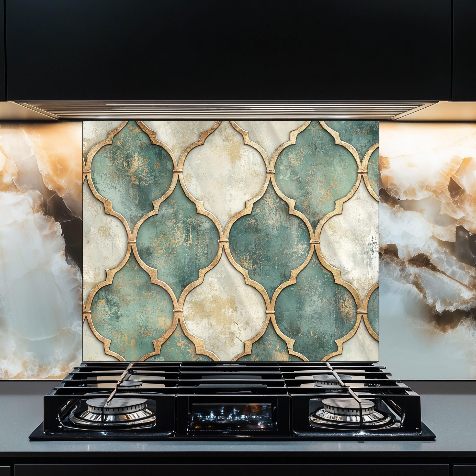 Moroccan Tempered Glass Backsplash, Artistic Geometric Stove Guard, Heat Resistant Easy Clean Art