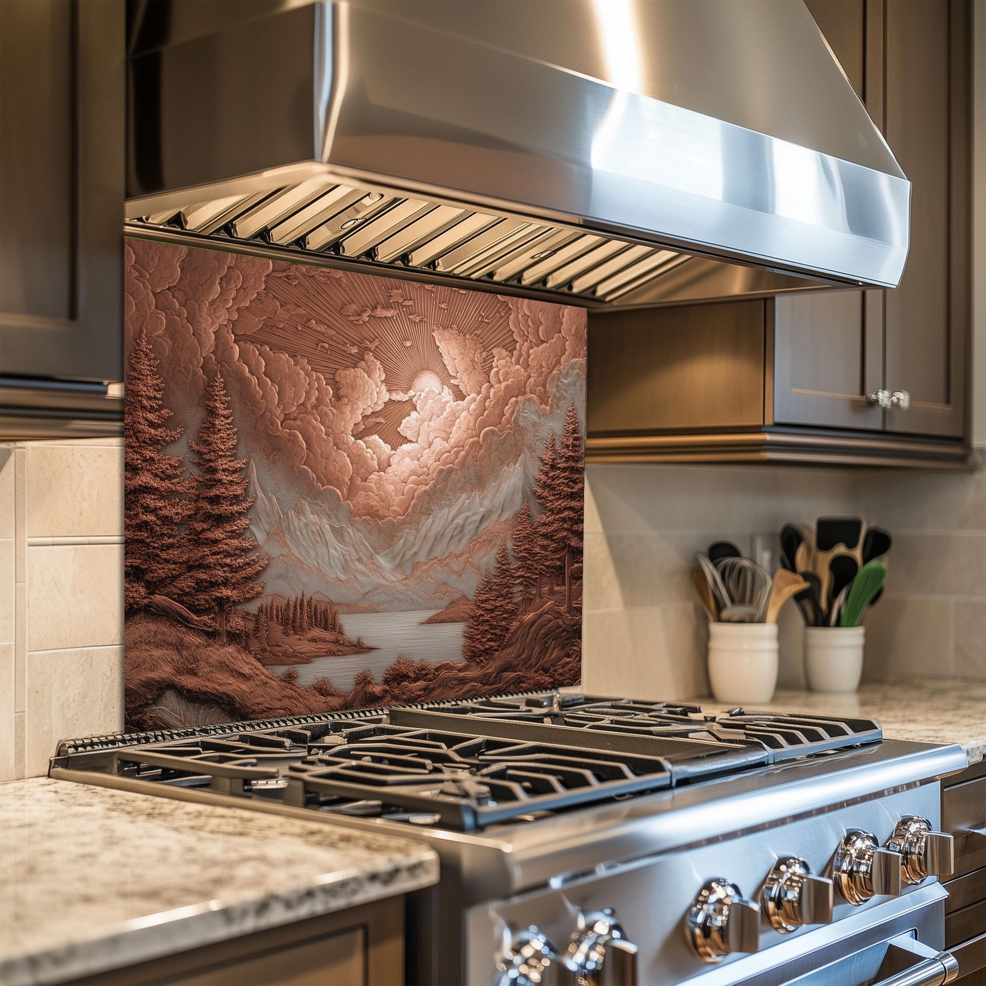Tempered Glass Mountain & Deer Backsplash: Rustic Kitchen Decor