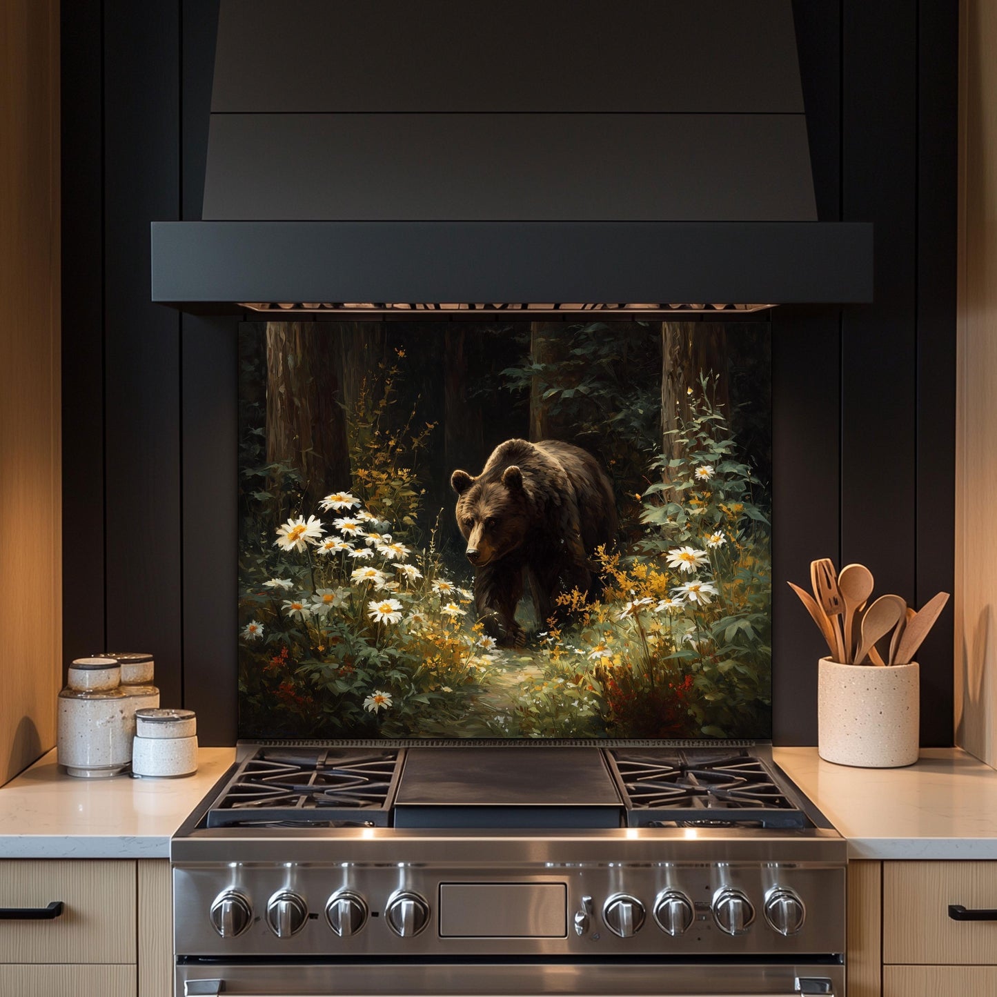 Copper Bear Backsplash: Hand-Embossed Tempered Glass, Rustic Cabin Kitchen