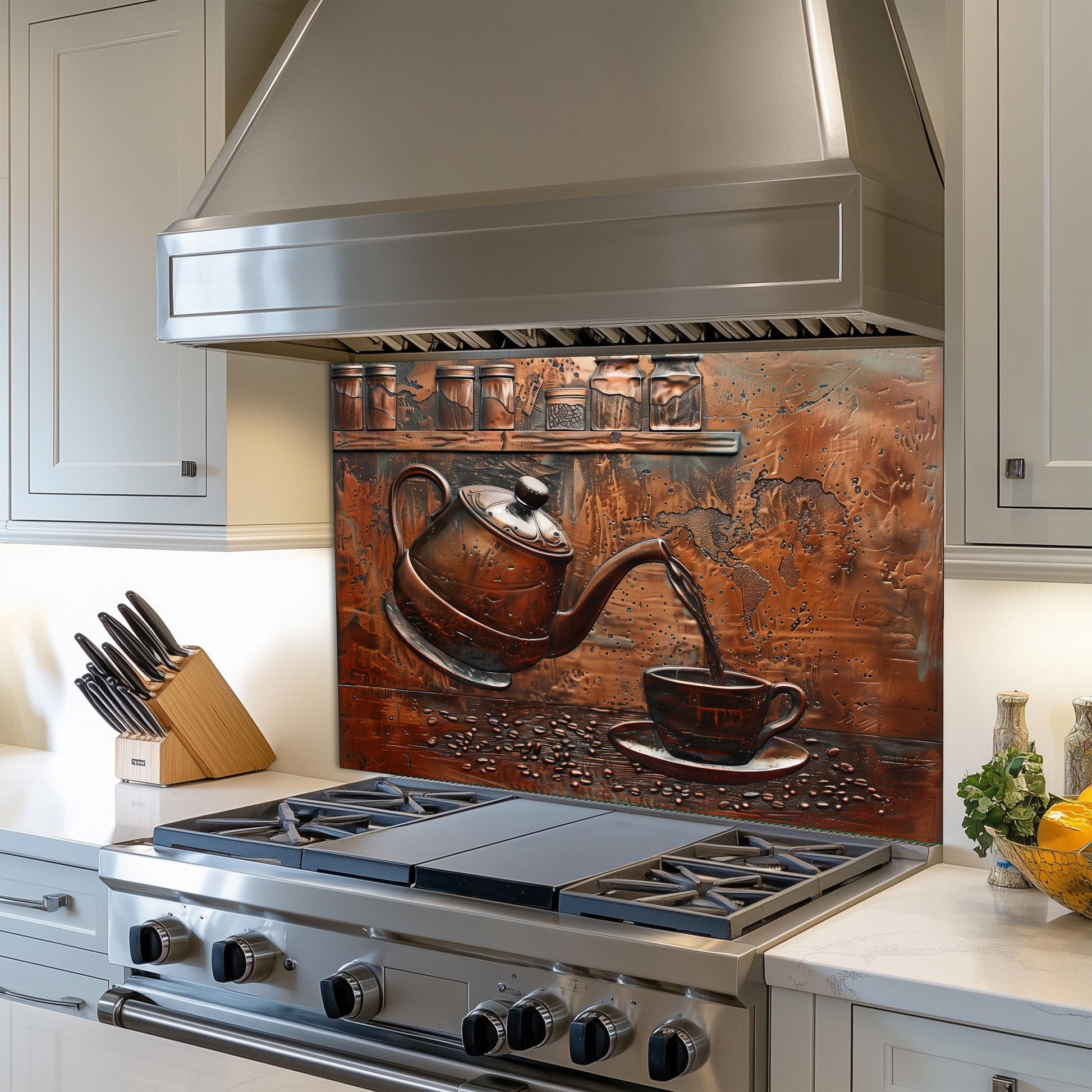 Tempered glass stove backsplash, copper teapot design, heat-resistant kitchen wall panel, easy clean backsplash, stylish kitchen decor, stove protector, farmhouse kitchen wall art, artistic coffee theme