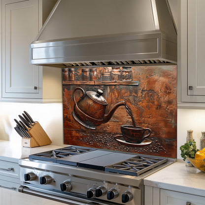 Tempered glass stove backsplash, copper teapot design, heat-resistant kitchen wall panel, easy clean backsplash, stylish kitchen decor, stove protector, farmhouse kitchen wall art, artistic coffee theme