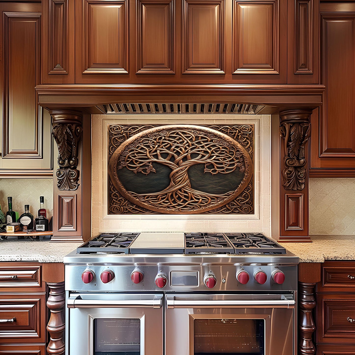 Rustic kitchen backsplash, Celtic tree of life design, copper effect tempered glass, heat-resistant wall protector, easy clean kitchen wall protector, stove protector, tree of life art