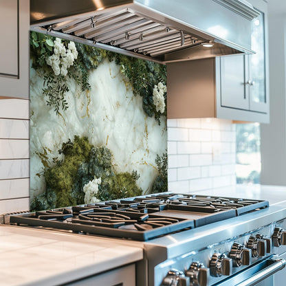 Luxury Marble and Botanical Tempered Glass Backsplash - White Gold Kitchen Splashback