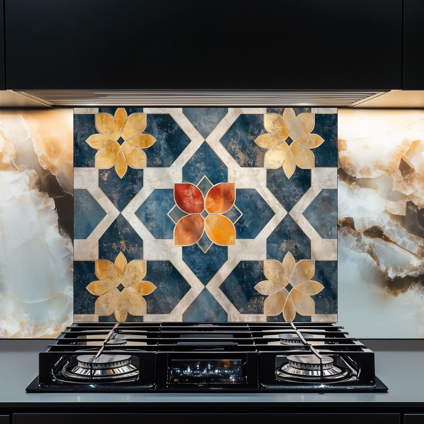 Moroccan Style Glass Backsplash, Geometric Tile Stove Guard, Heat Resistant Easy Clean Kitchen Art