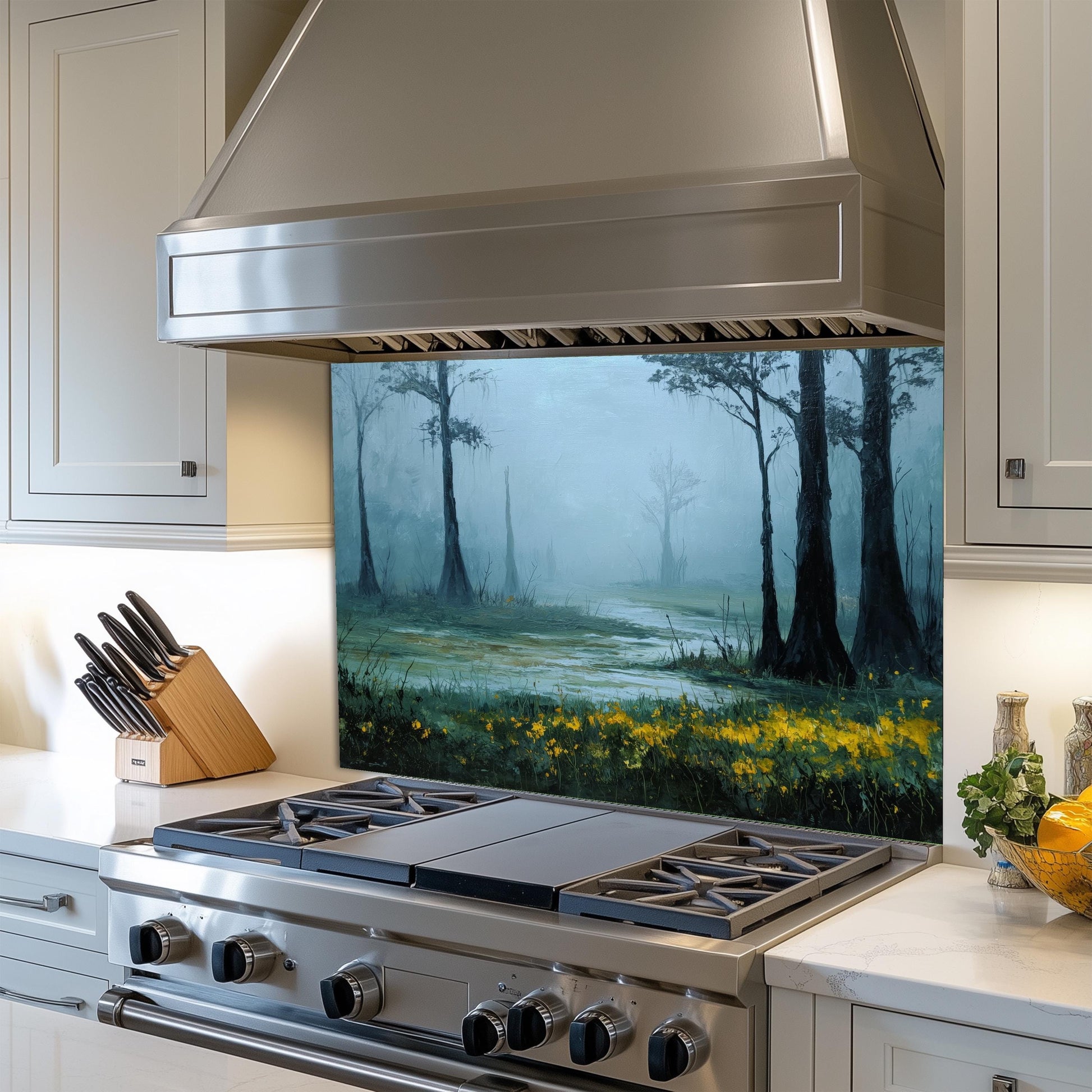 Foggy Meadow Swamp Tempered Glass Backsplash - Misty Wetland Kitchen Splashback with Yellow Flowers