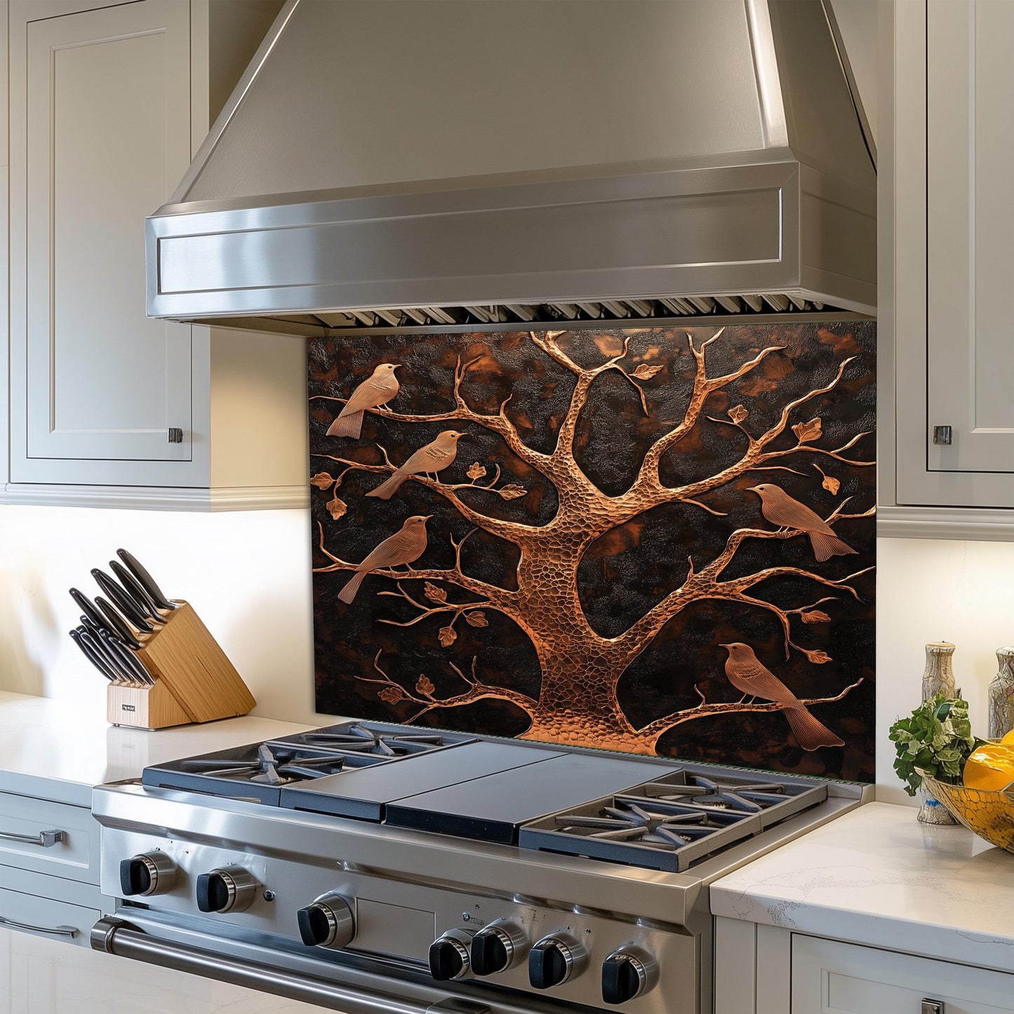 Tree and birds kitchen backsplash, copper effect wall protector, heat-resistant tempered glass, rustic kitchen decor, nature-inspired wall protector, easy clean kitchen backsplash