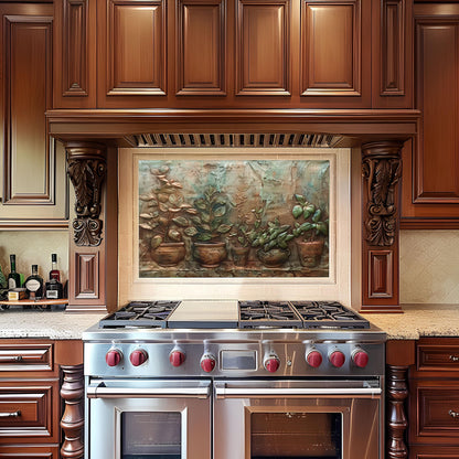 Rustic kitchen backsplash, copper herb garden design, heat-resistant tempered glass, vintage kitchen decor, easy clean wall protector, stove backsplash, herb kitchen art