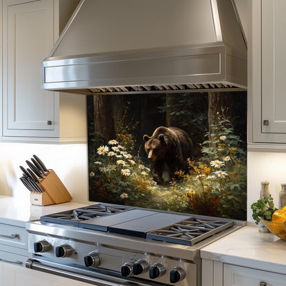 Copper Bear Backsplash: Hand-Embossed Tempered Glass, Rustic Cabin Kitchen