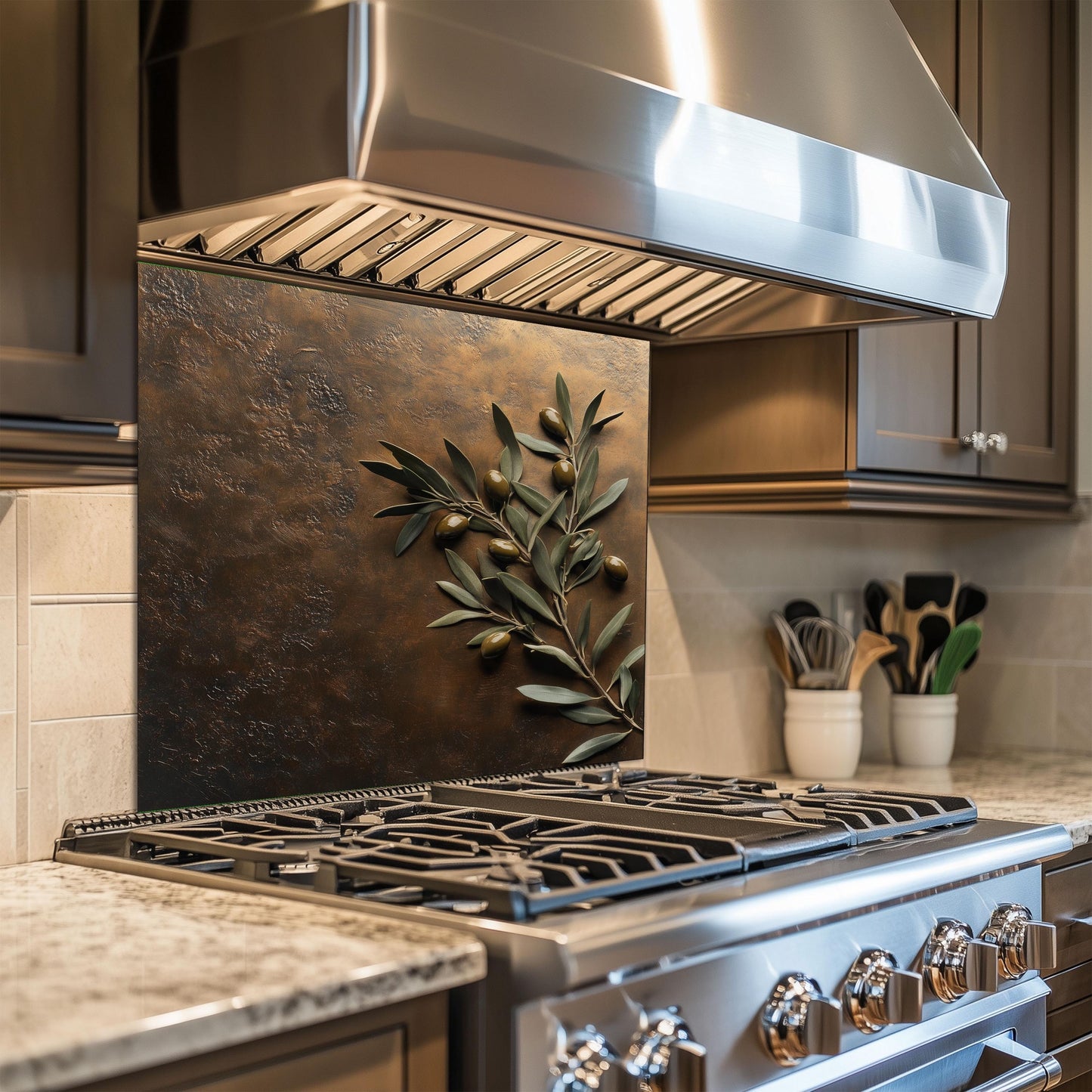 Olive branch tempered glass backsplash for farmhouse kitchen decor. Heat-resistant and easy to maintain, this rustic wall protector brings Mediterranean charm and elegance to your kitchen design.