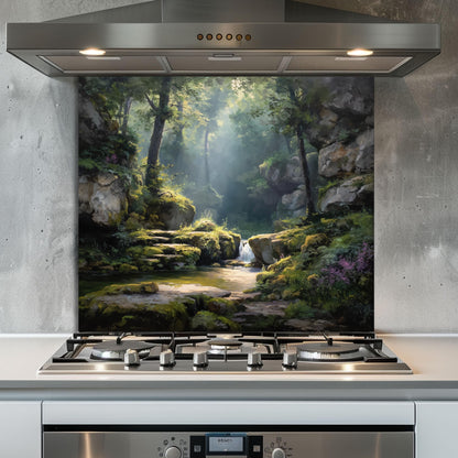 Forest Waterfall Glass Backsplash, Tranquil Nature Stove Guard, Heat Resistant Easy Clean Kitchen Art