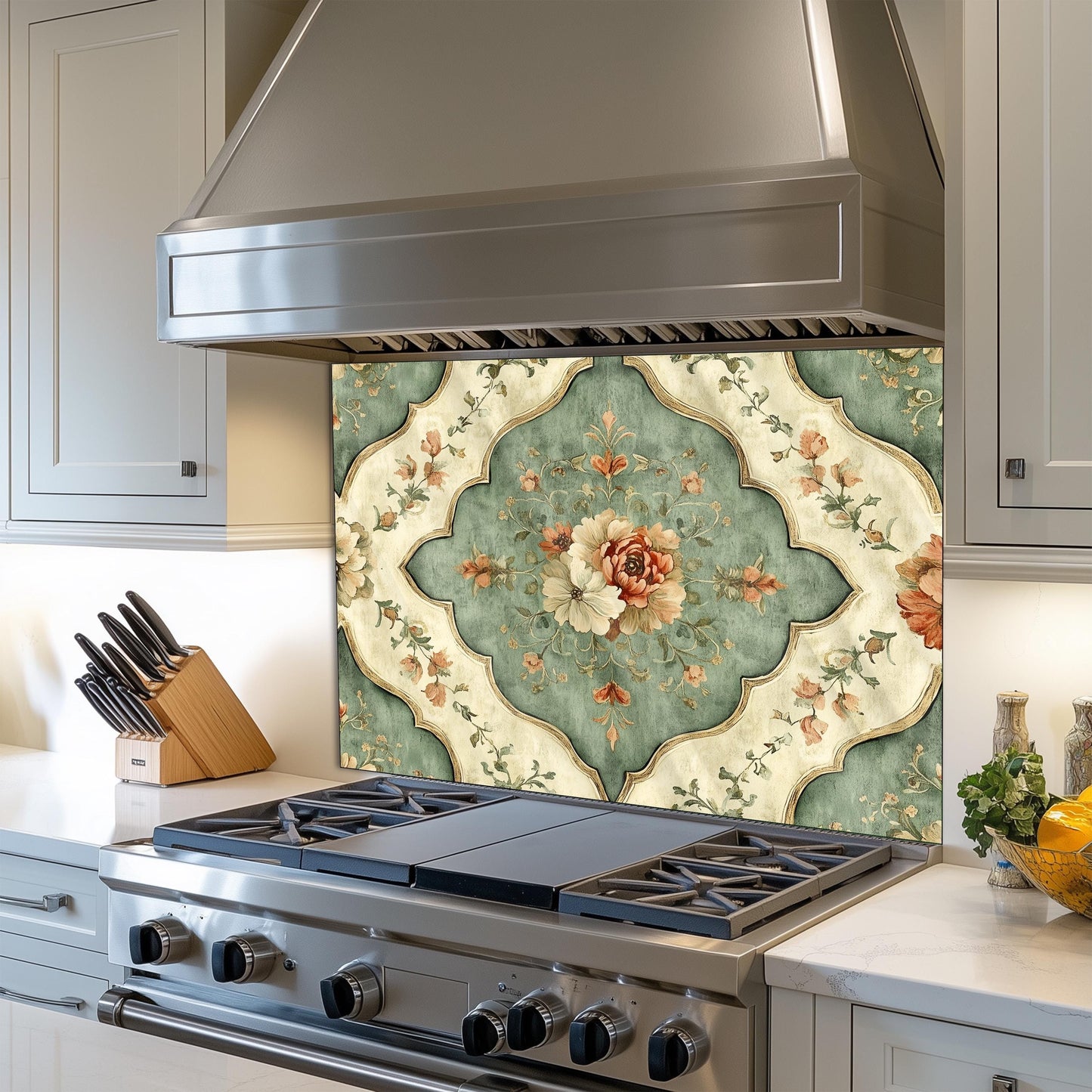 Moroccan Floral Glass Backsplash, Geometric Medallion Stove Guard, Heat Resistant Easy Clean Art