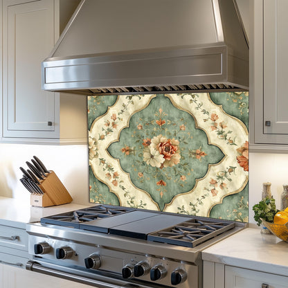 Moroccan Floral Glass Backsplash, Geometric Medallion Stove Guard, Heat Resistant Easy Clean Art
