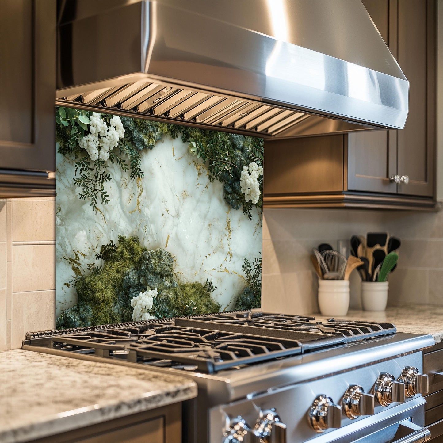 Luxury Marble and Botanical Tempered Glass Backsplash - White Gold Kitchen Splashback