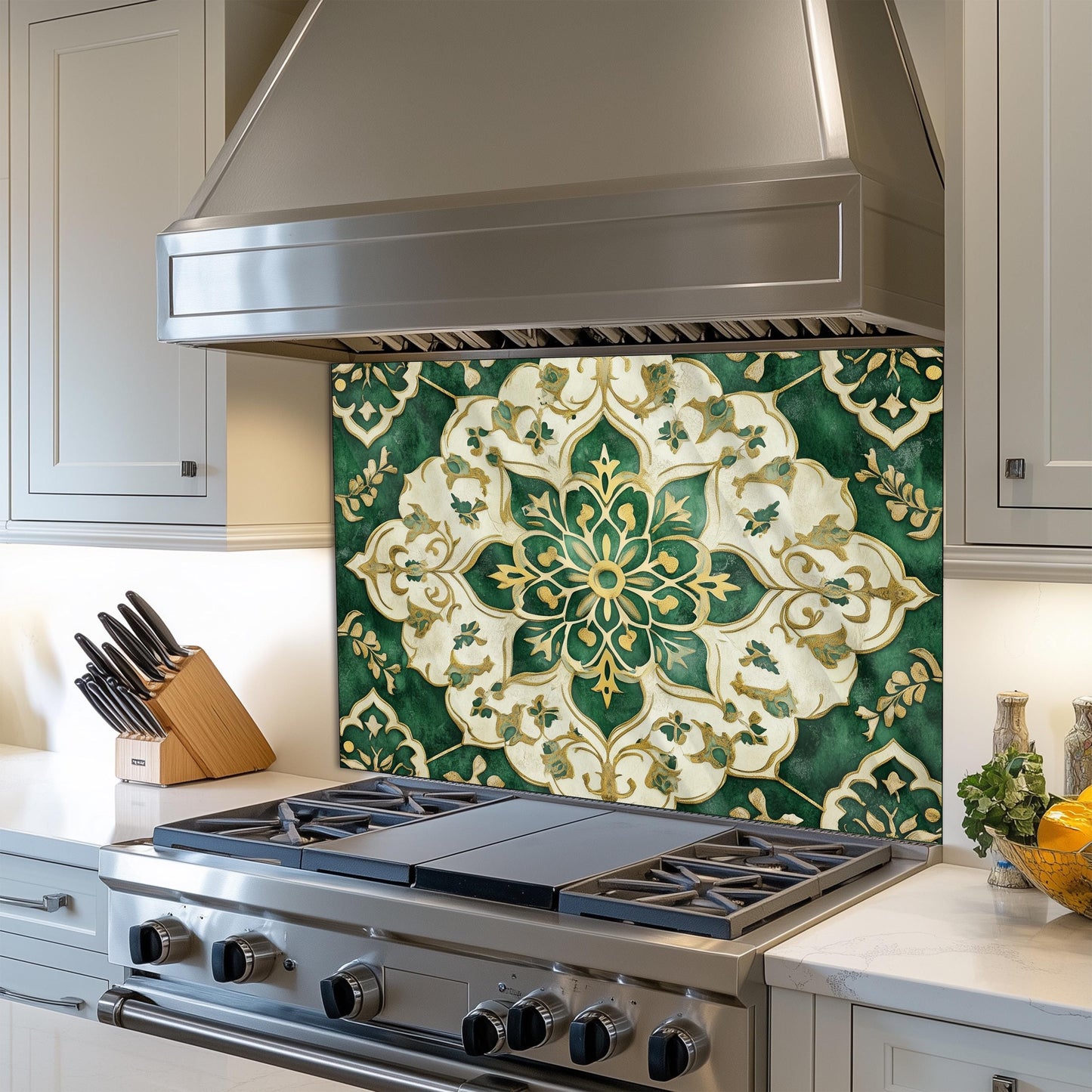 Moroccan Tempered Glass Backsplash, Artistic Geometric Stove Guard, Heat Resistant Easy Clean Art