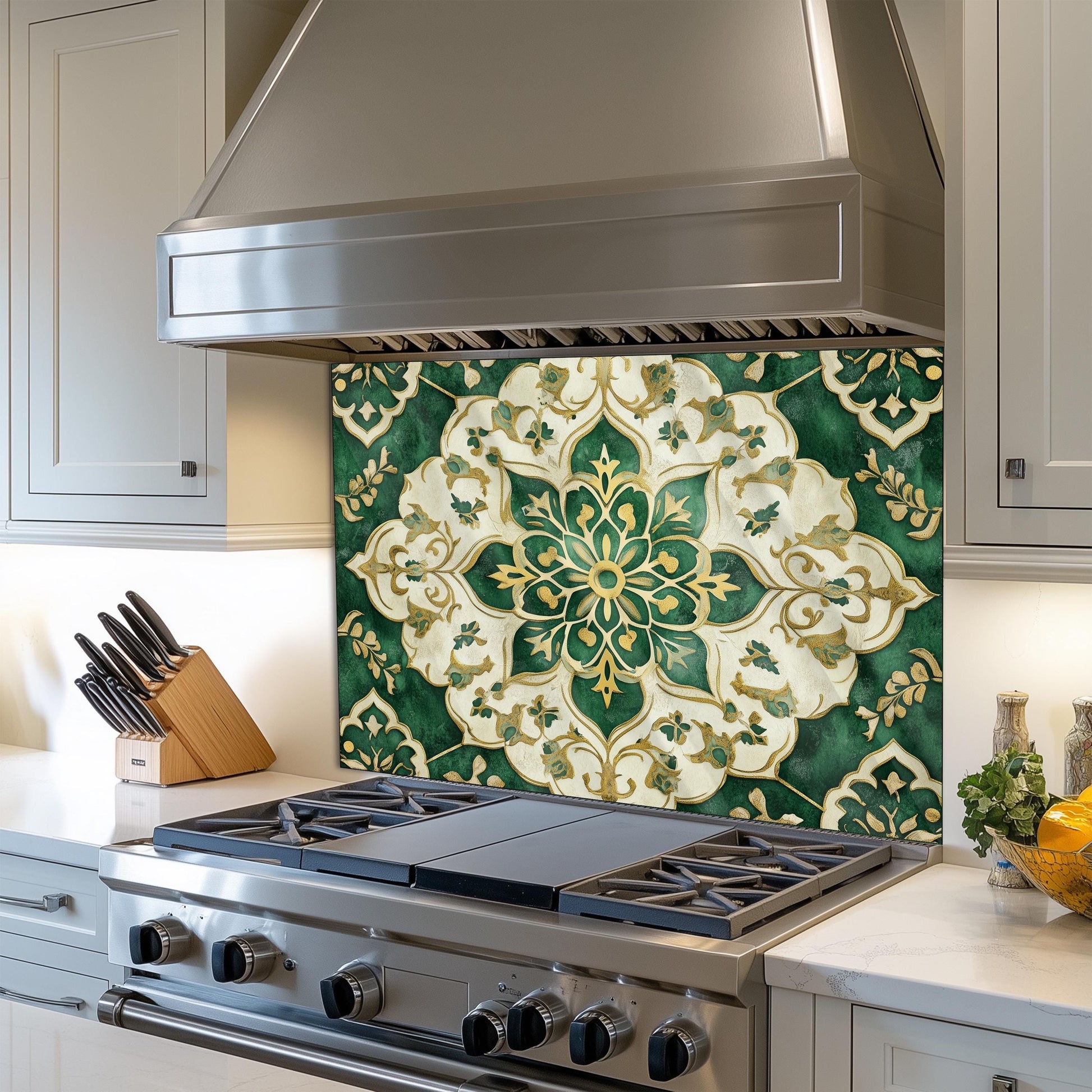 Moroccan Tempered Glass Backsplash, Artistic Geometric Stove Guard, Heat Resistant Easy Clean Art