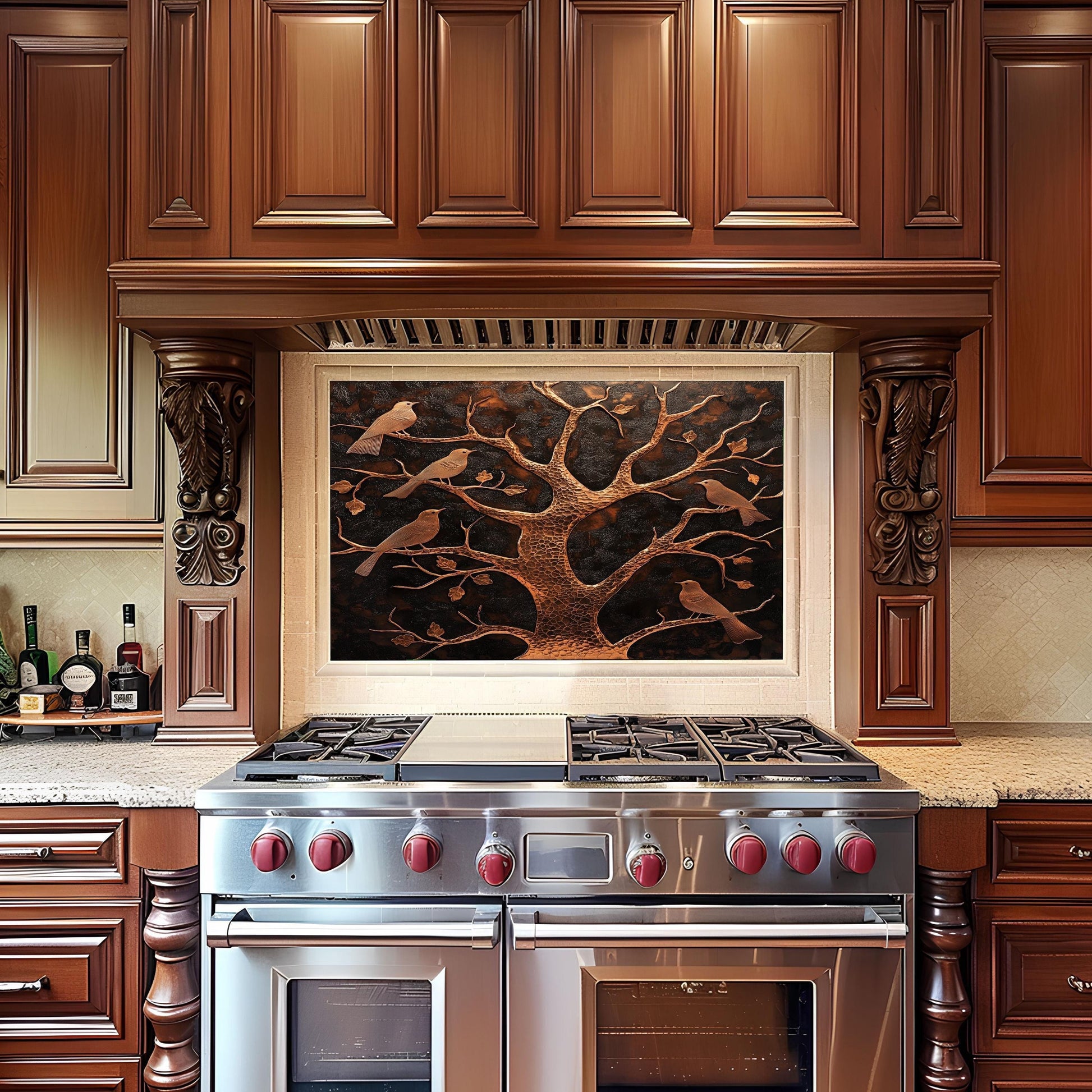 Rustic kitchen backsplash, copper tree design, heat-resistant tempered glass, easy clean kitchen wall protector, nature-inspired wall art, stove backsplash protector, rustic decor