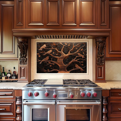 Rustic kitchen backsplash, copper tree design, heat-resistant tempered glass, easy clean kitchen wall protector, nature-inspired wall art, stove backsplash protector, rustic decor