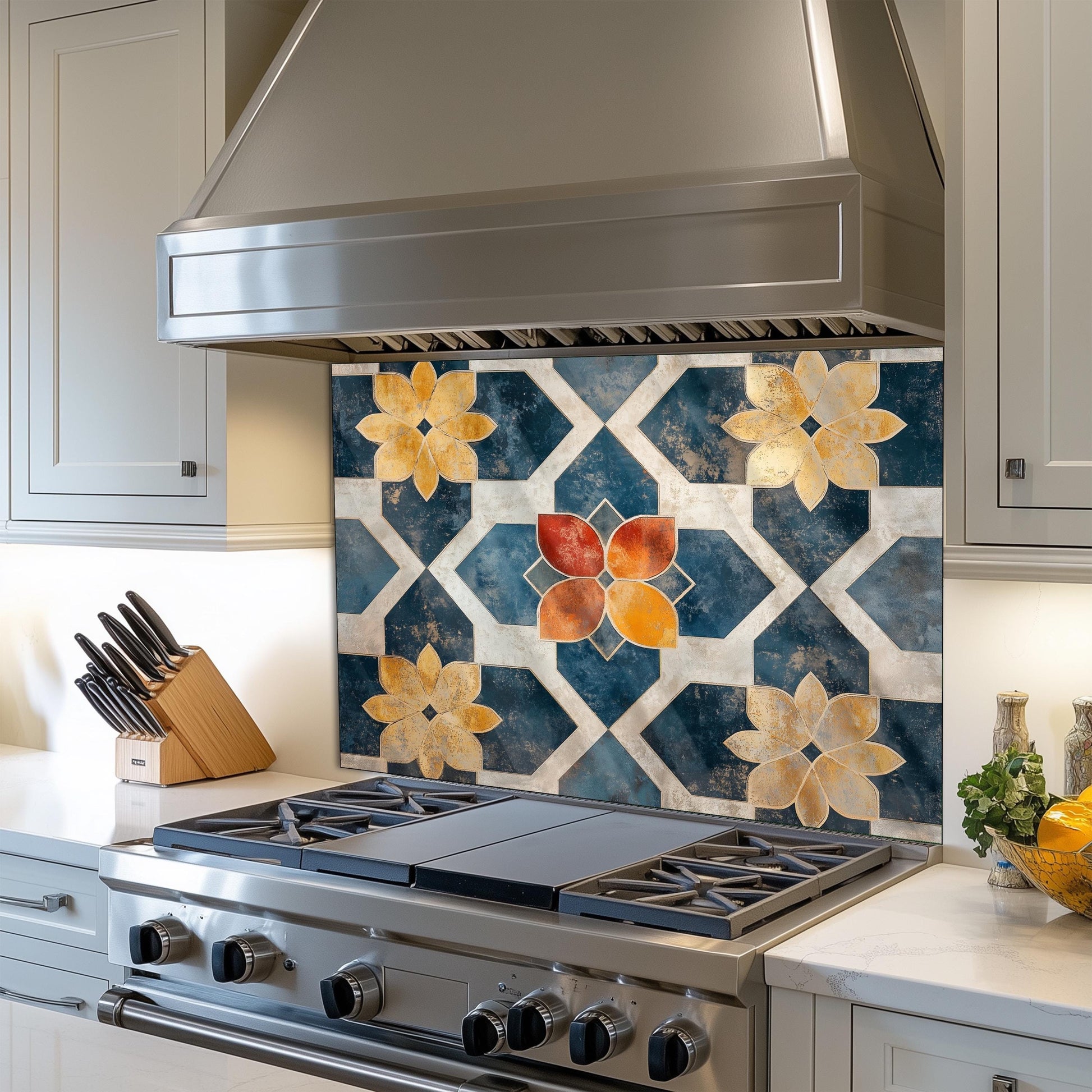 Moroccan Style Glass Backsplash, Geometric Tile Stove Guard, Heat Resistant Easy Clean Kitchen Art