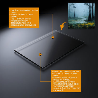 Foggy Meadow Swamp Tempered Glass Backsplash - Misty Wetland Kitchen Splashback with Yellow Flowers