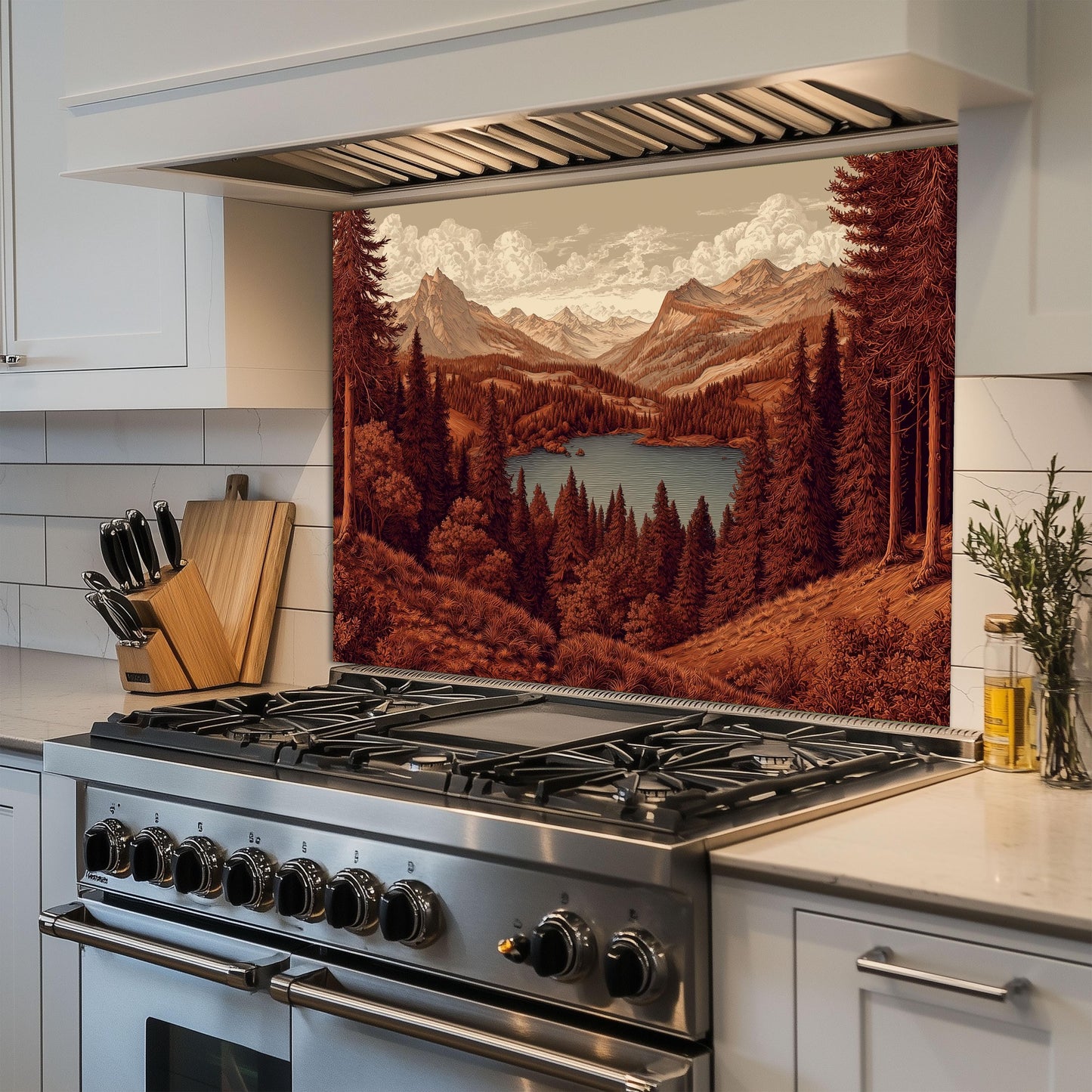 Tempered Glass Mountain Lake Backsplash: Rustic Cabin Kitchen Decor