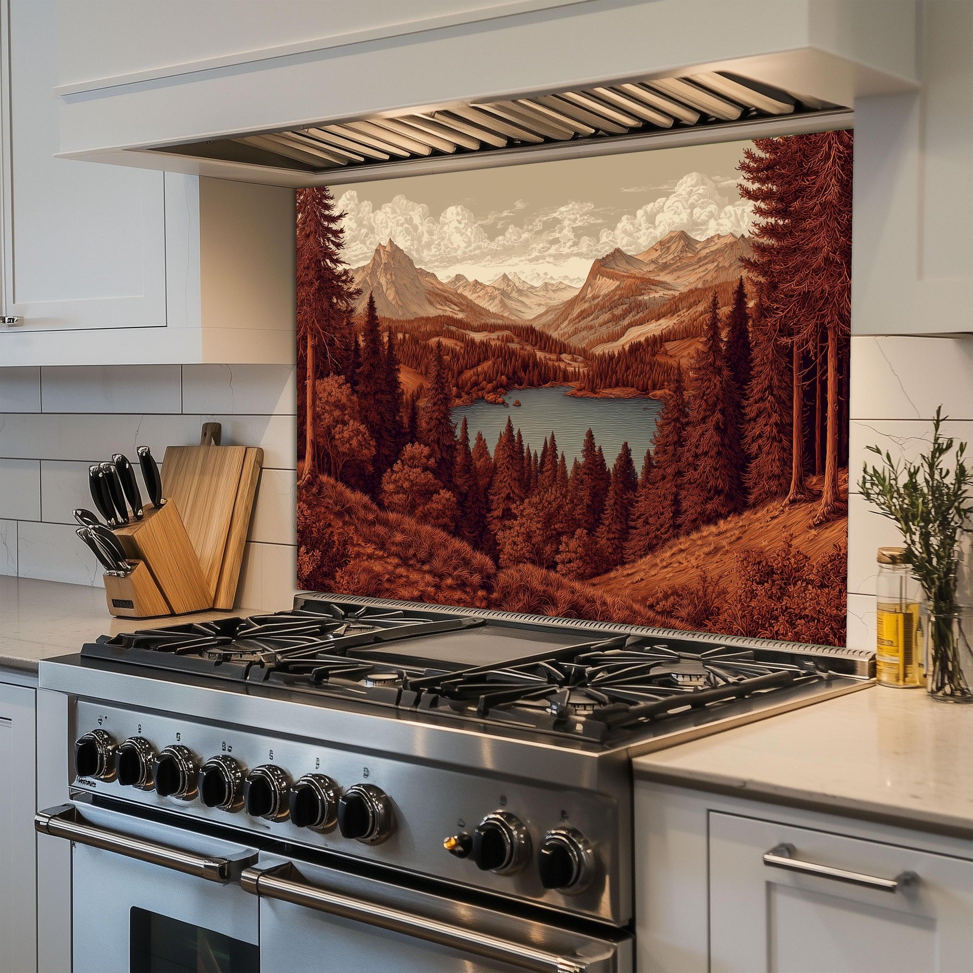 Tempered Glass Mountain Lake Backsplash: Rustic Cabin Kitchen Decor