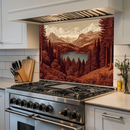 Tempered Glass Mountain Lake Backsplash: Rustic Cabin Kitchen Decor