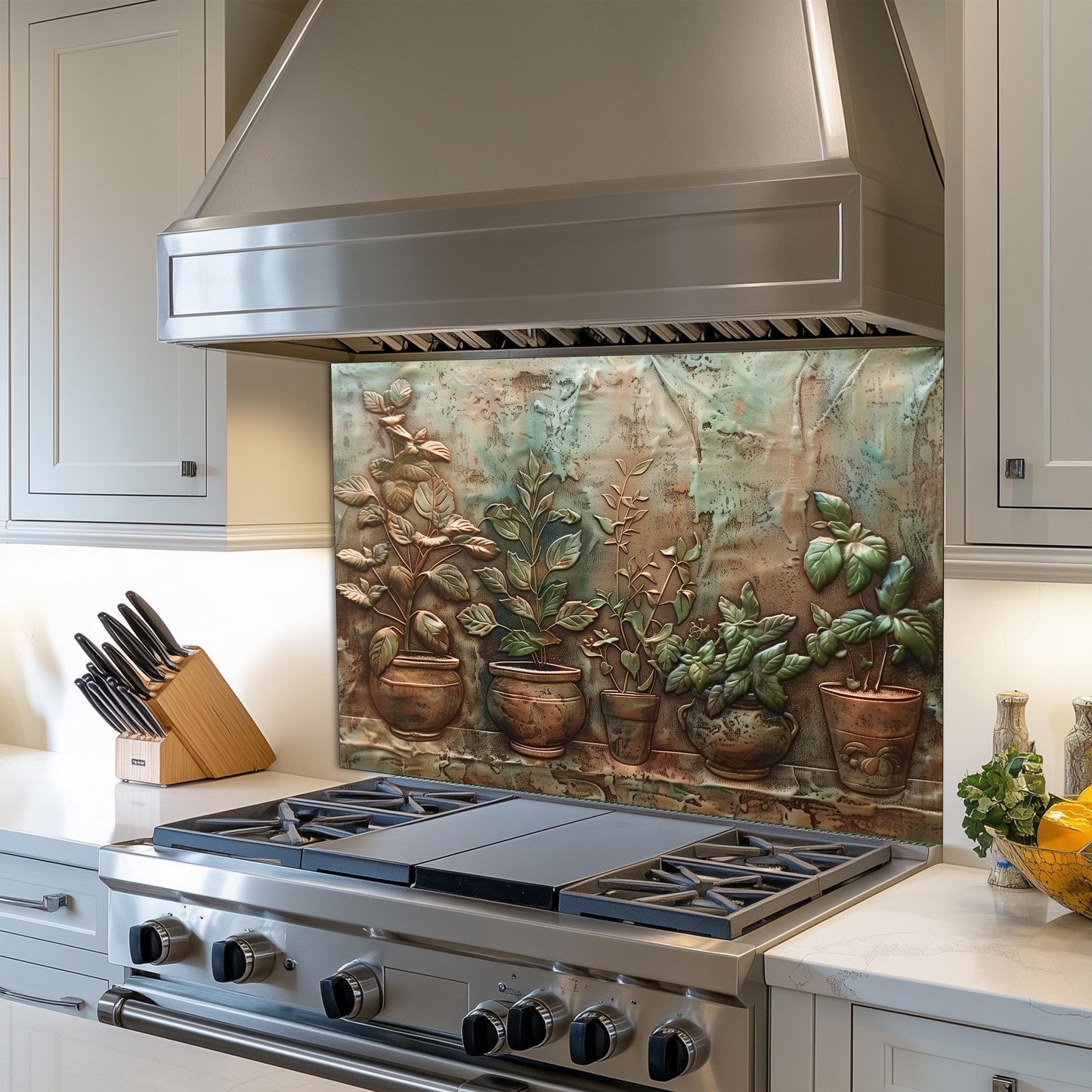 Tempered glass backsplash, copper effect kitchen design, herb garden pots, heat-resistant wall protector, easy clean kitchen backsplash, rustic kitchen wall protector