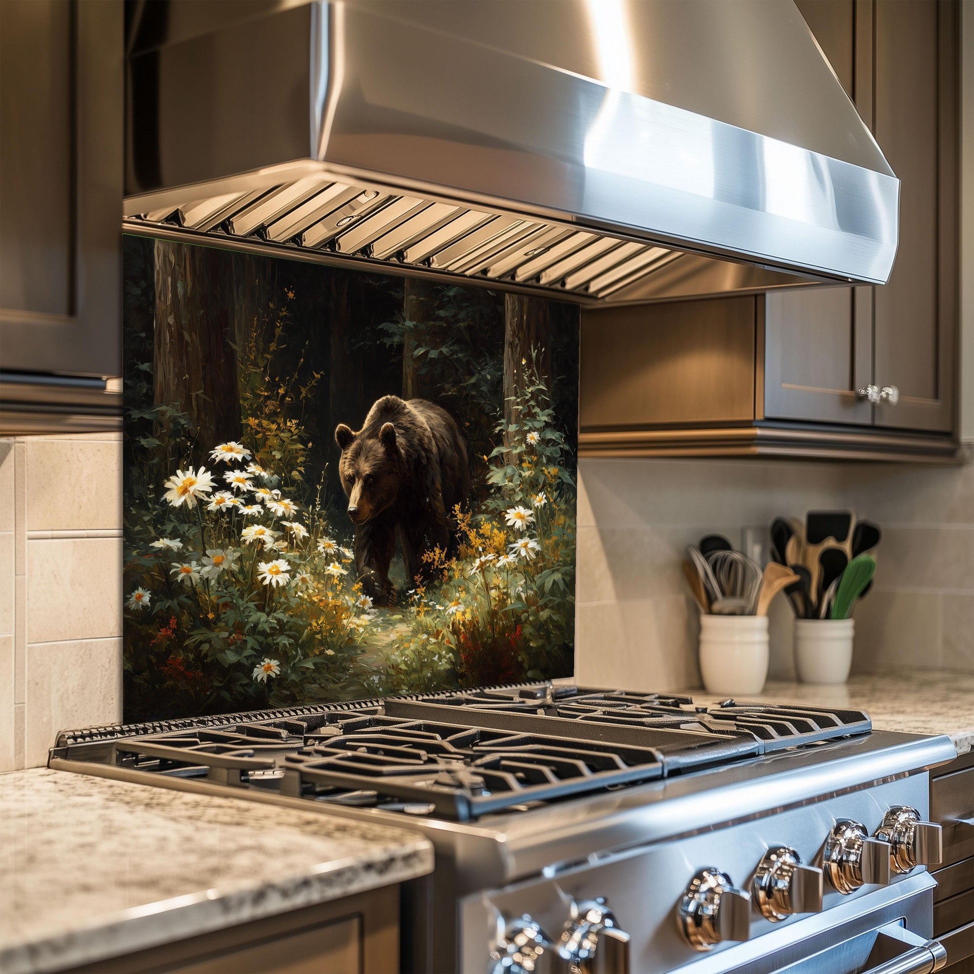Copper Bear Backsplash: Hand-Embossed Tempered Glass, Rustic Cabin Kitchen