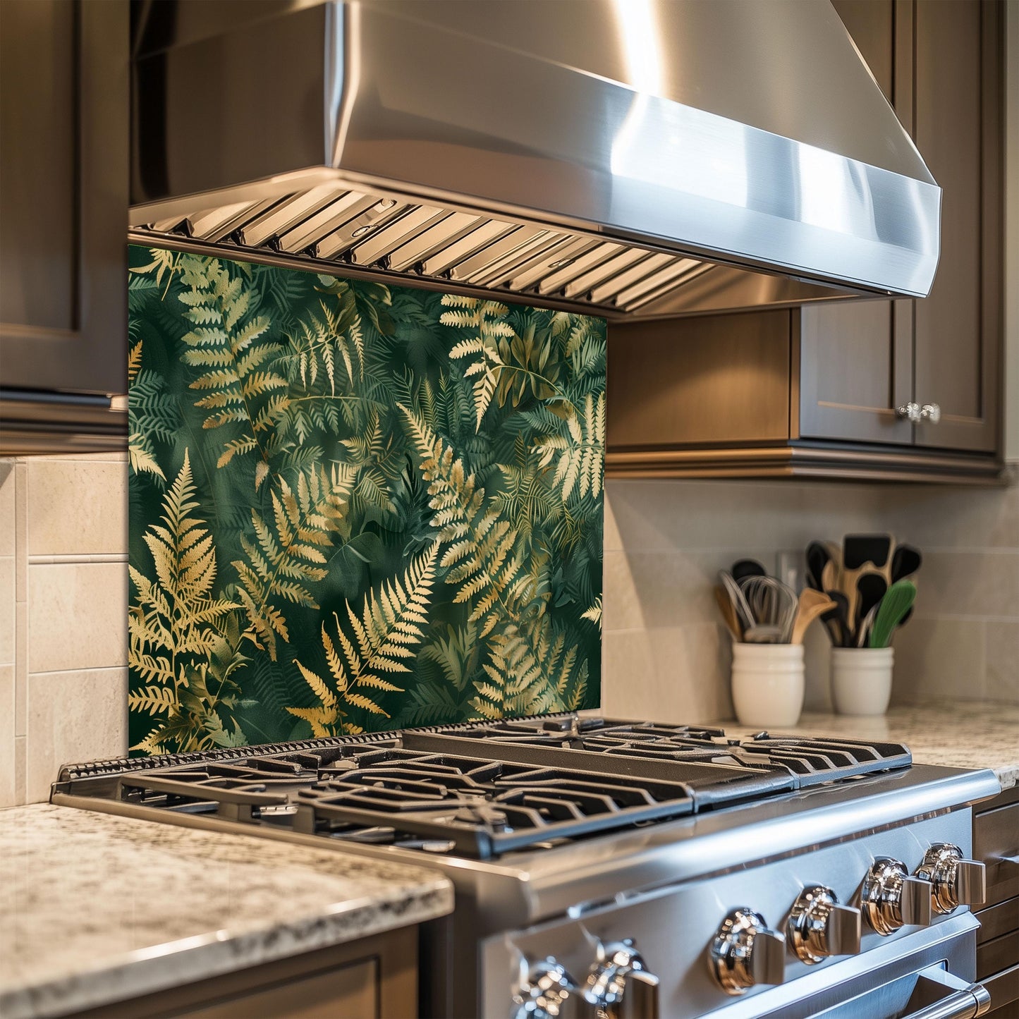 Tropical Fern Glass Backsplash, Green Gold Leaf Stove Guard, Heat Resistant Easy Clean Art