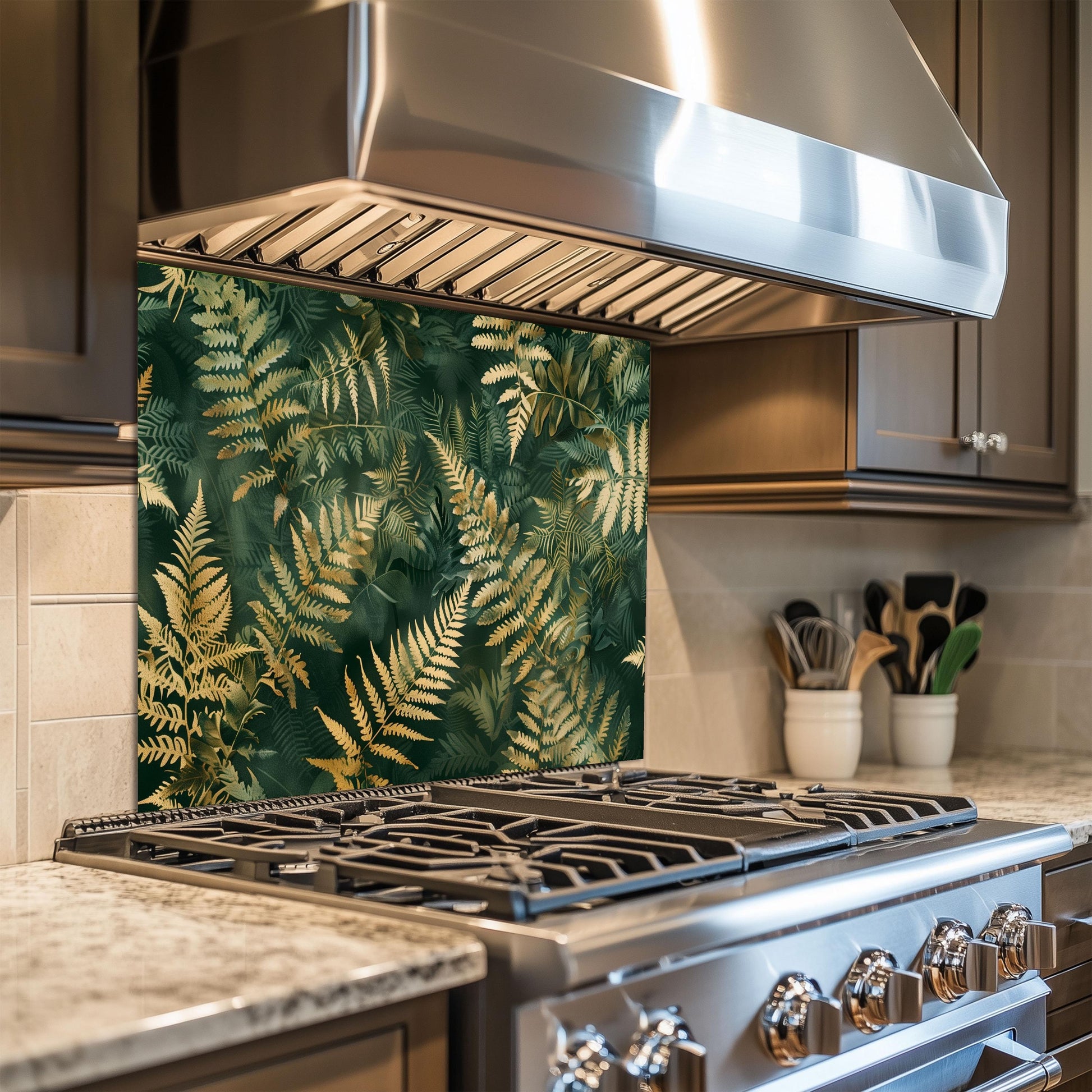 Tropical Fern Glass Backsplash, Green Gold Leaf Stove Guard, Heat Resistant Easy Clean Art