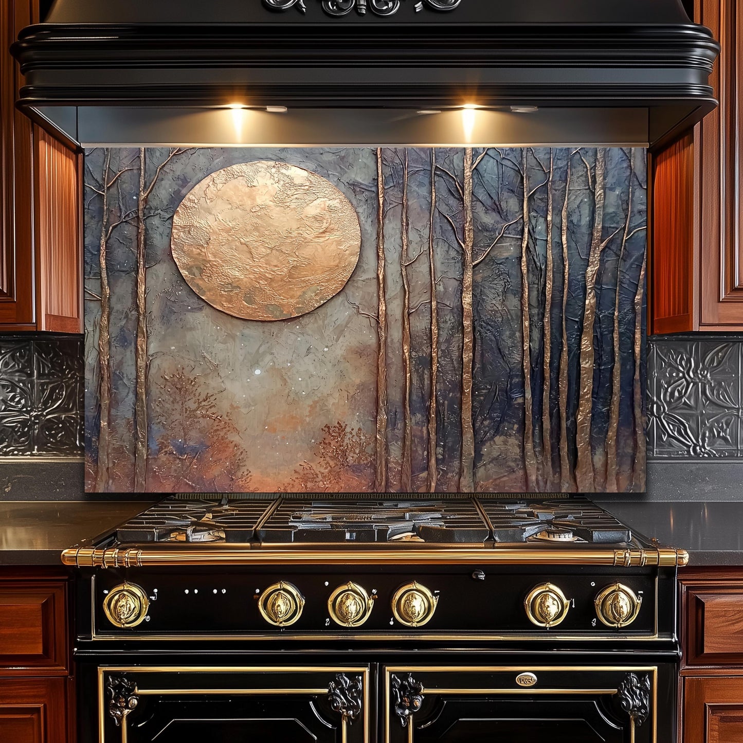Copper Moon Glass Backsplash, Celestial Crescent Stove Guard, Heat Resistant Easy Clean Kitchen Art