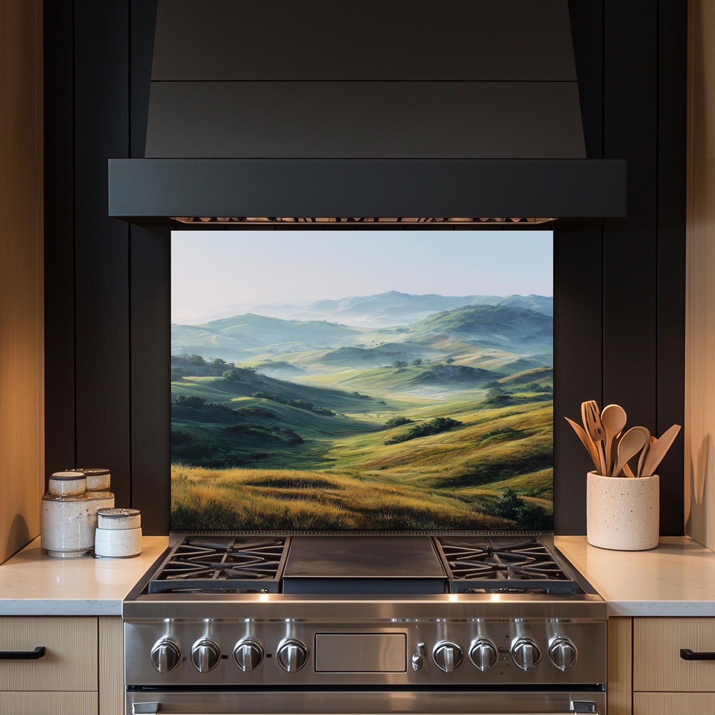 Green Hills Tempered Glass Backsplash – Nature Landscape Kitchen Wall Art