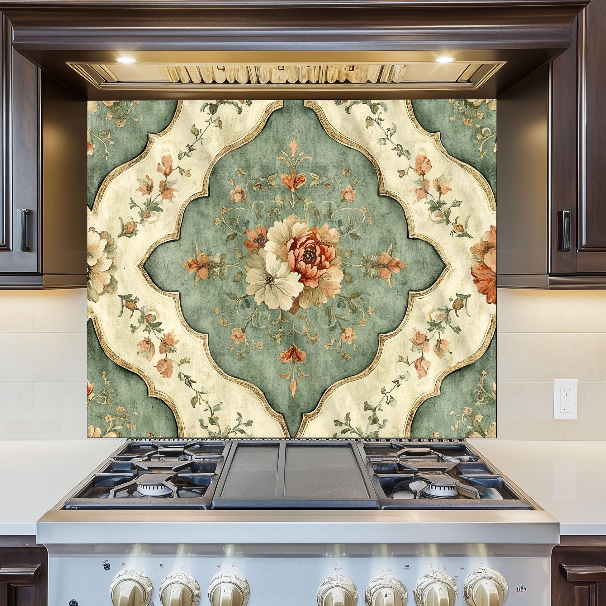 Moroccan Floral Glass Backsplash, Geometric Medallion Stove Guard, Heat Resistant Easy Clean Art