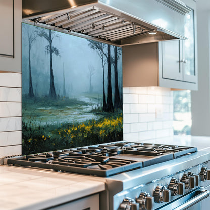 Foggy Meadow Swamp Tempered Glass Backsplash - Misty Wetland Kitchen Splashback with Yellow Flowers