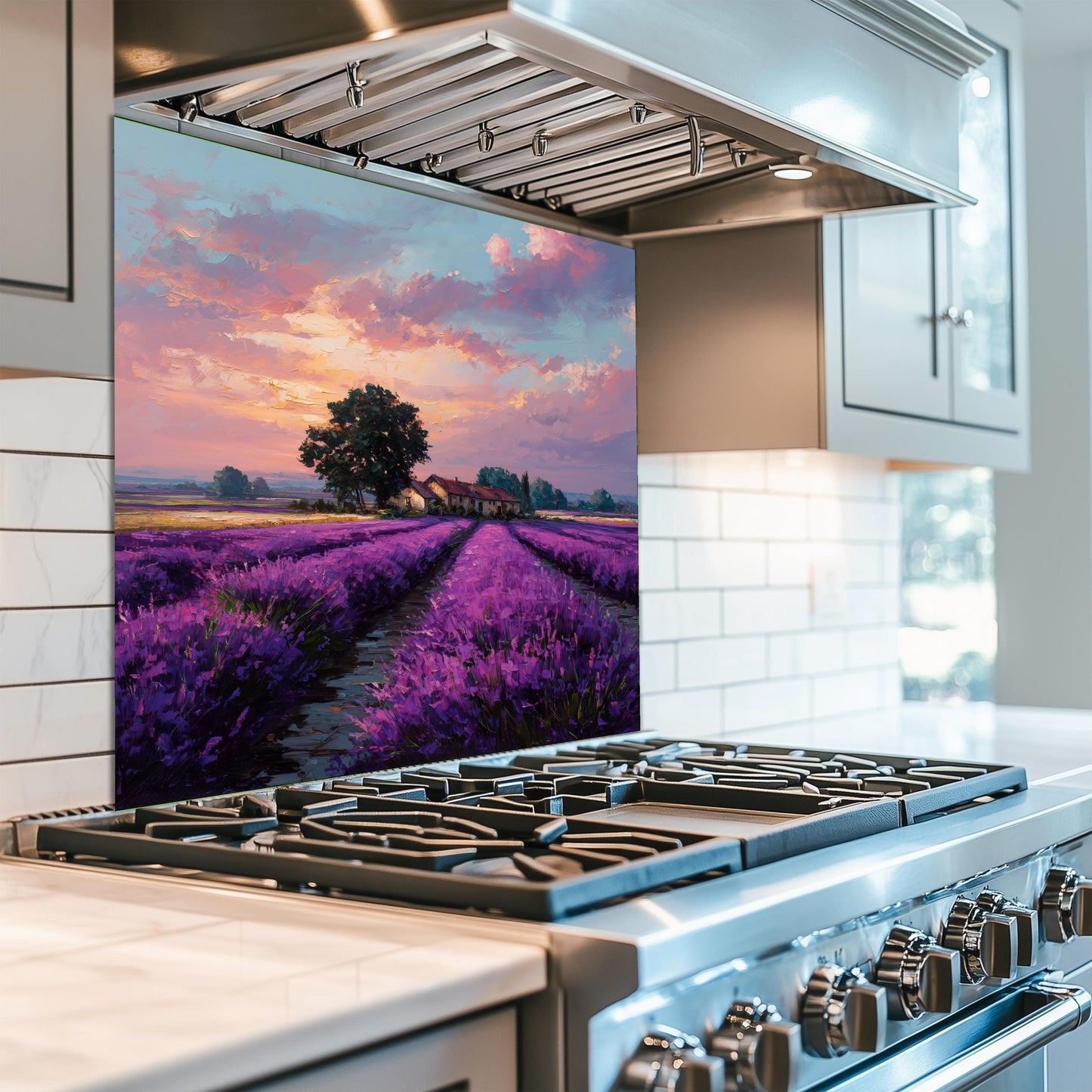 Provence Lavender Field Tempered Glass Backsplash - Sunset Countryside Kitchen Splashback - Heatproof Stove Wall Protector