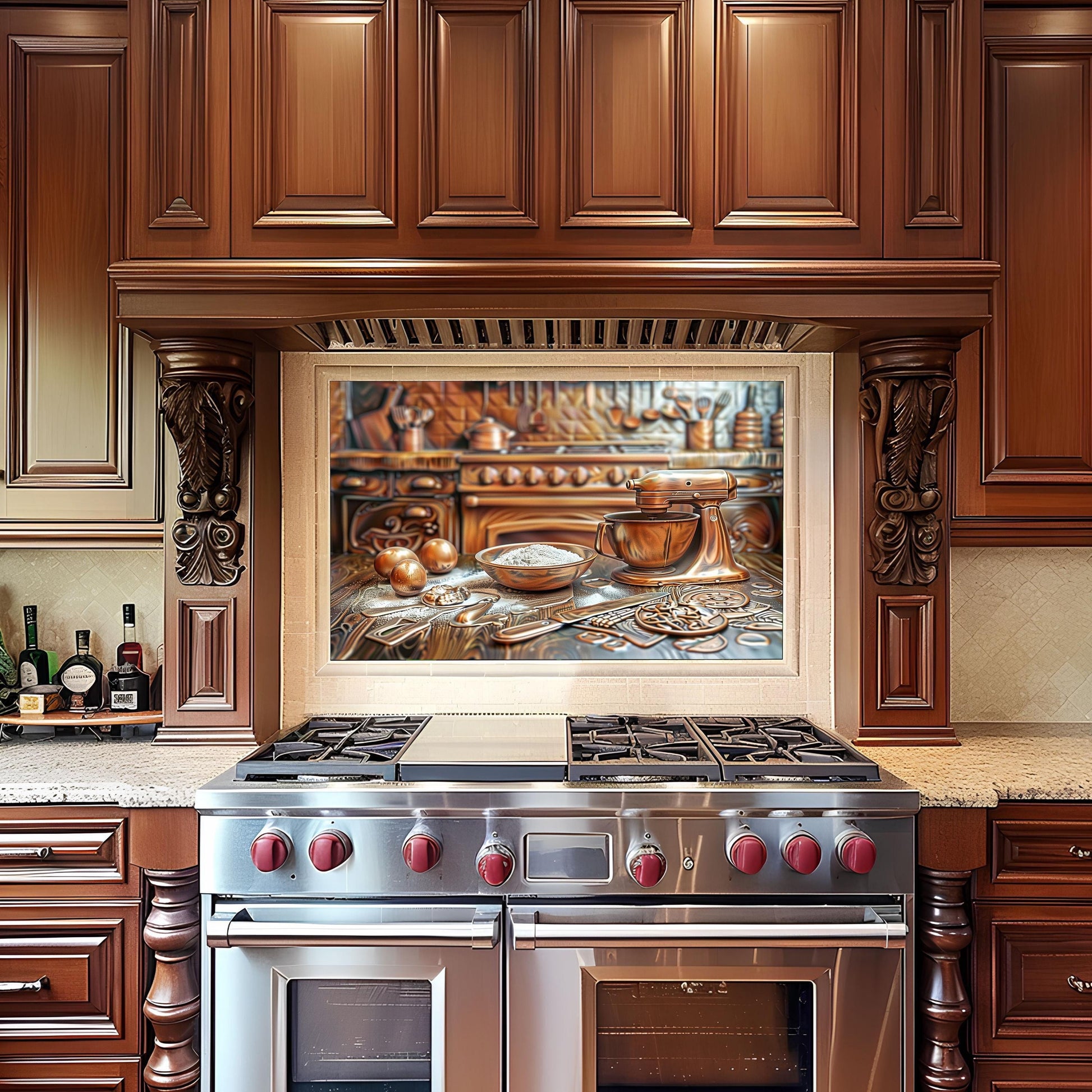 Tempered glass kitchen panel, baking tools design, copper kitchen backsplash, heat-resistant stove protector, farmhouse kitchen decor, vintage kitchen wall art, easy clean backsplash