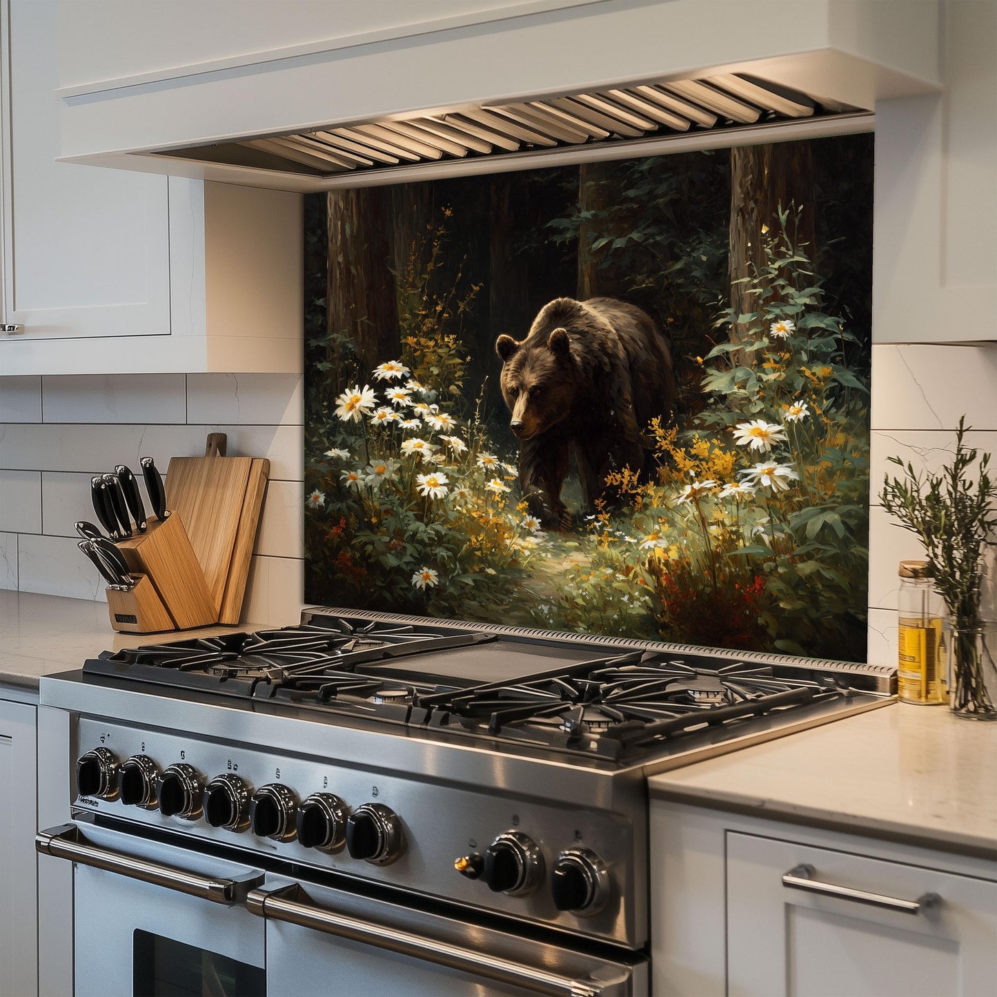 Copper Bear Backsplash: Hand-Embossed Tempered Glass, Rustic Cabin Kitchen