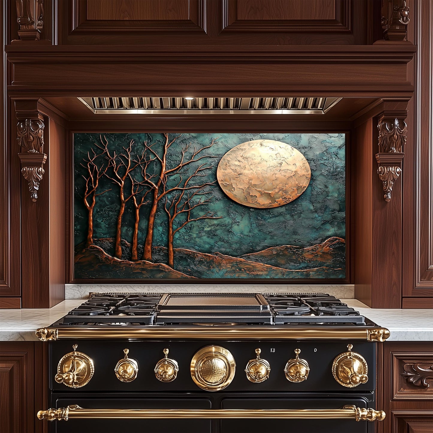 Copper Moon & Heron Backsplash, Heat Resistant Nature Guard, Custom Size Glass Art