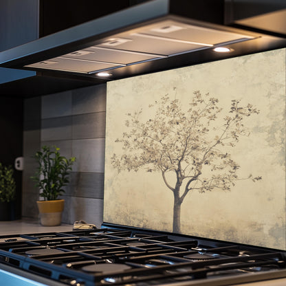 Minimalist tree of life backsplash, tempered glass kitchen panel, heat-resistant splashback, easy to clean, stove wall protector, artistic wall art, modern kitchen accent, stylish backsplash, unique design