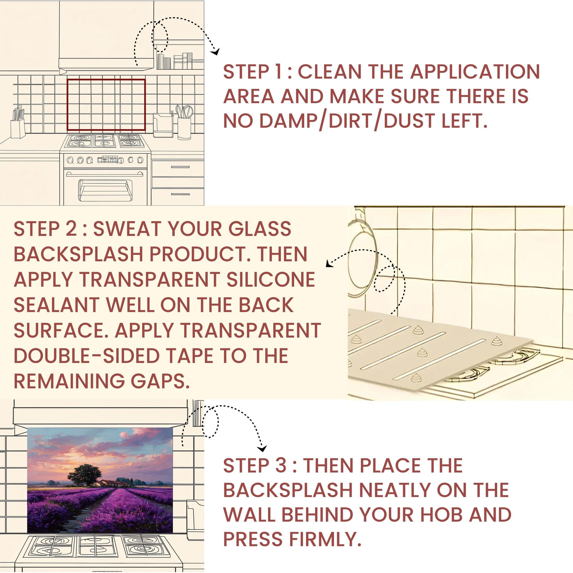 Provence Lavender Field Tempered Glass Backsplash - Sunset Countryside Kitchen Splashback - Heatproof Stove Wall Protector