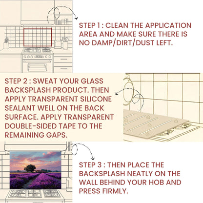 Provence Lavender Field Tempered Glass Backsplash - Sunset Countryside Kitchen Splashback - Heatproof Stove Wall Protector