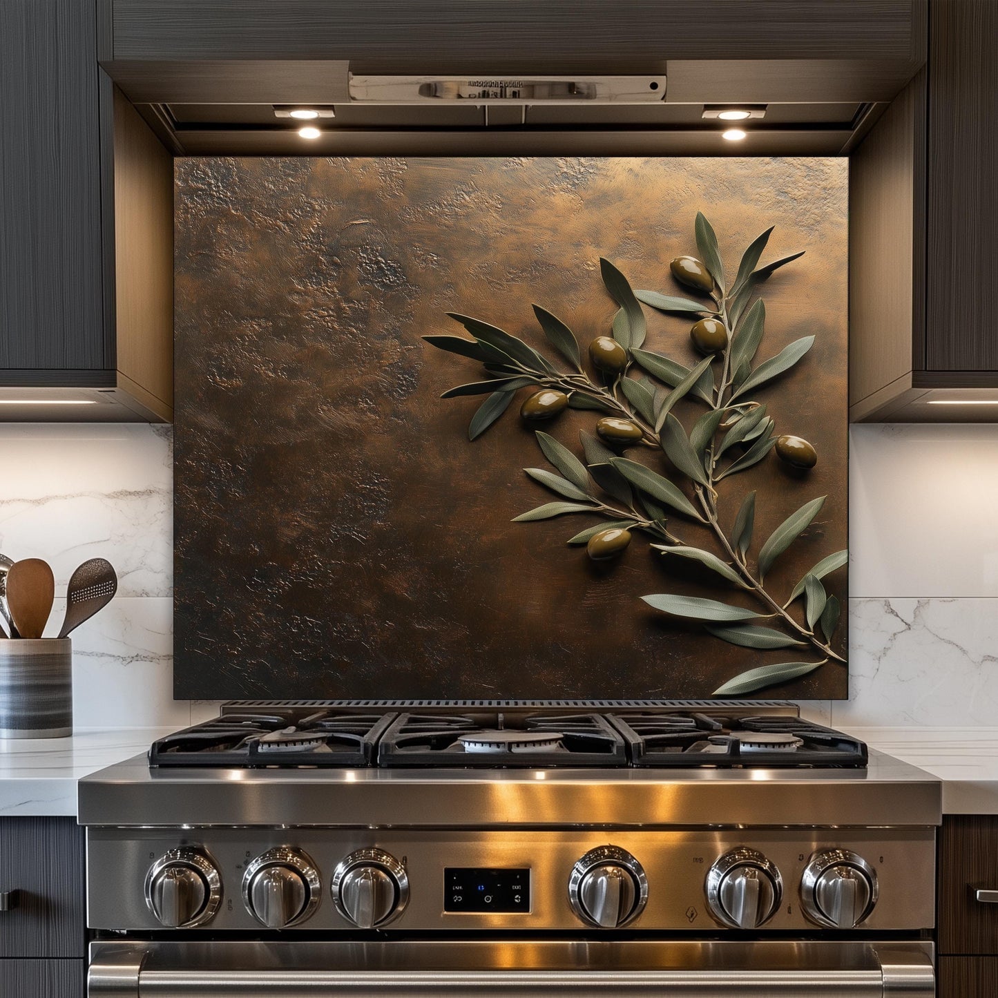 Elegant olive branch kitchen backsplash in tempered glass. Heat-resistant wall protector with a rustic, Mediterranean design, ideal for farmhouse kitchens and nature-inspired decor. Easy to clean and durable.