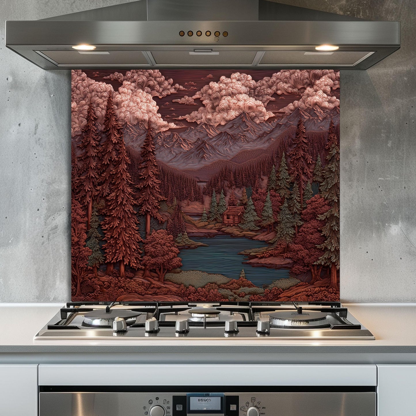 Mountain Kitchen Backsplash: Tempered Glass Forest Scene Stove Protector