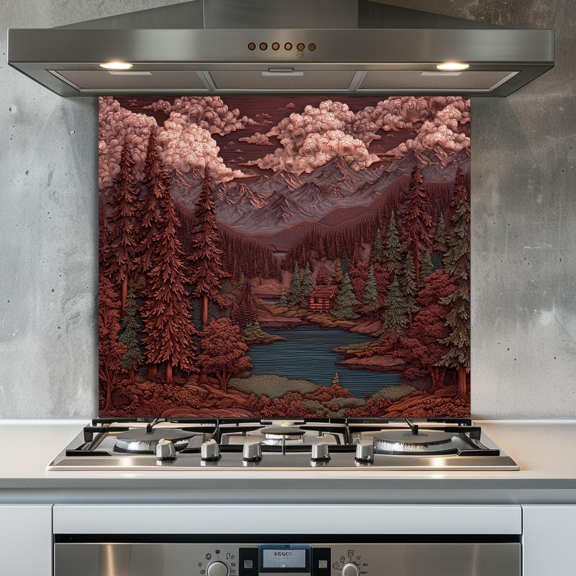 Mountain Kitchen Backsplash: Tempered Glass Forest Scene Stove Protector