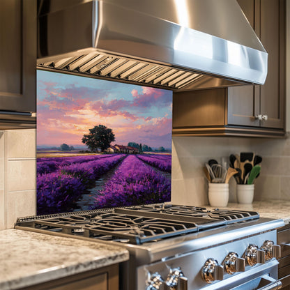 Provence Lavender Field Tempered Glass Backsplash - Sunset Countryside Kitchen Splashback - Heatproof Stove Wall Protector