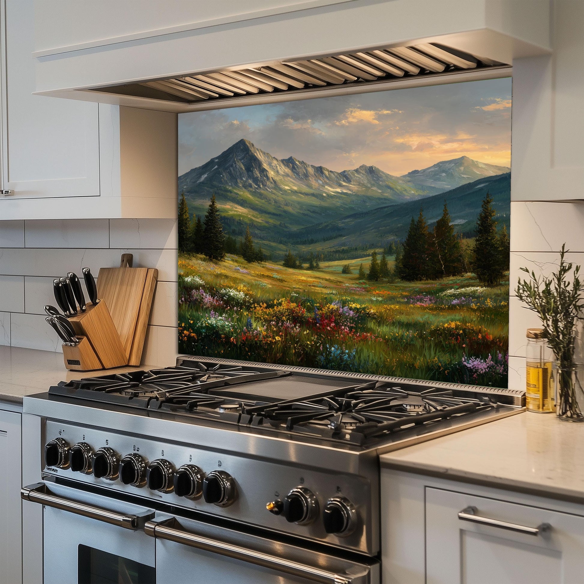 Mountain Meadow Kitchen Backsplash, Wildflower Landscape Tempered Glass, Custom Size Design