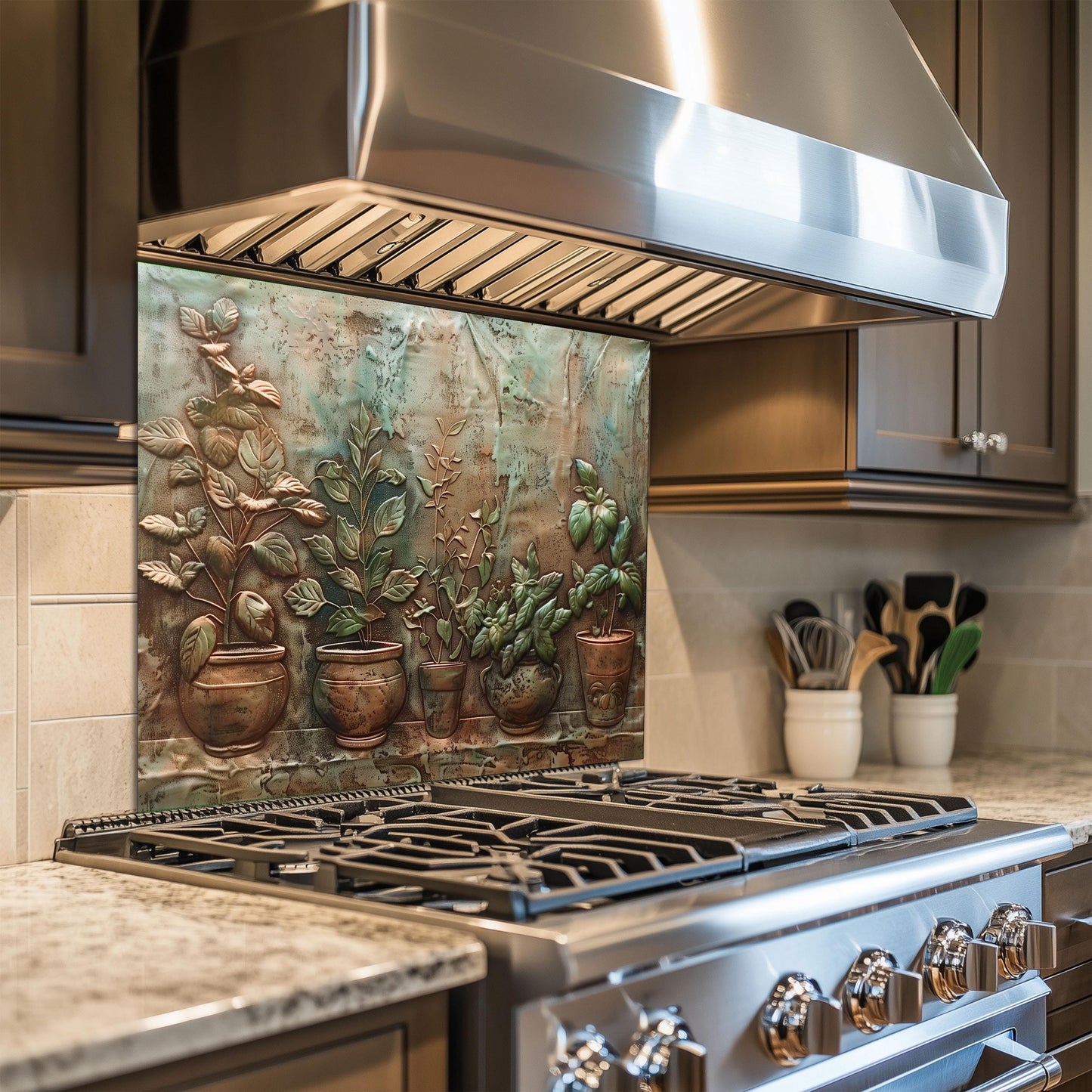 Tempered glass kitchen wall protector, herb garden in pots design, copper effect, heat-resistant kitchen backsplash, vintage kitchen wall decor, easy clean backsplash panel