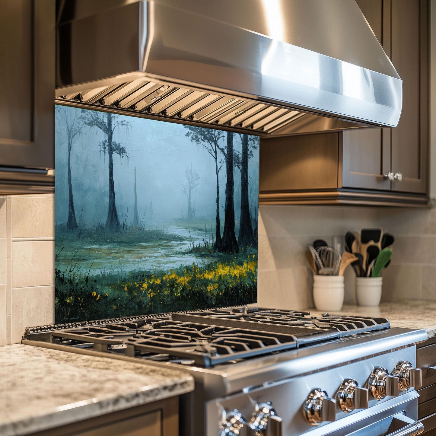 Foggy Meadow Swamp Tempered Glass Backsplash - Misty Wetland Kitchen Splashback with Yellow Flowers