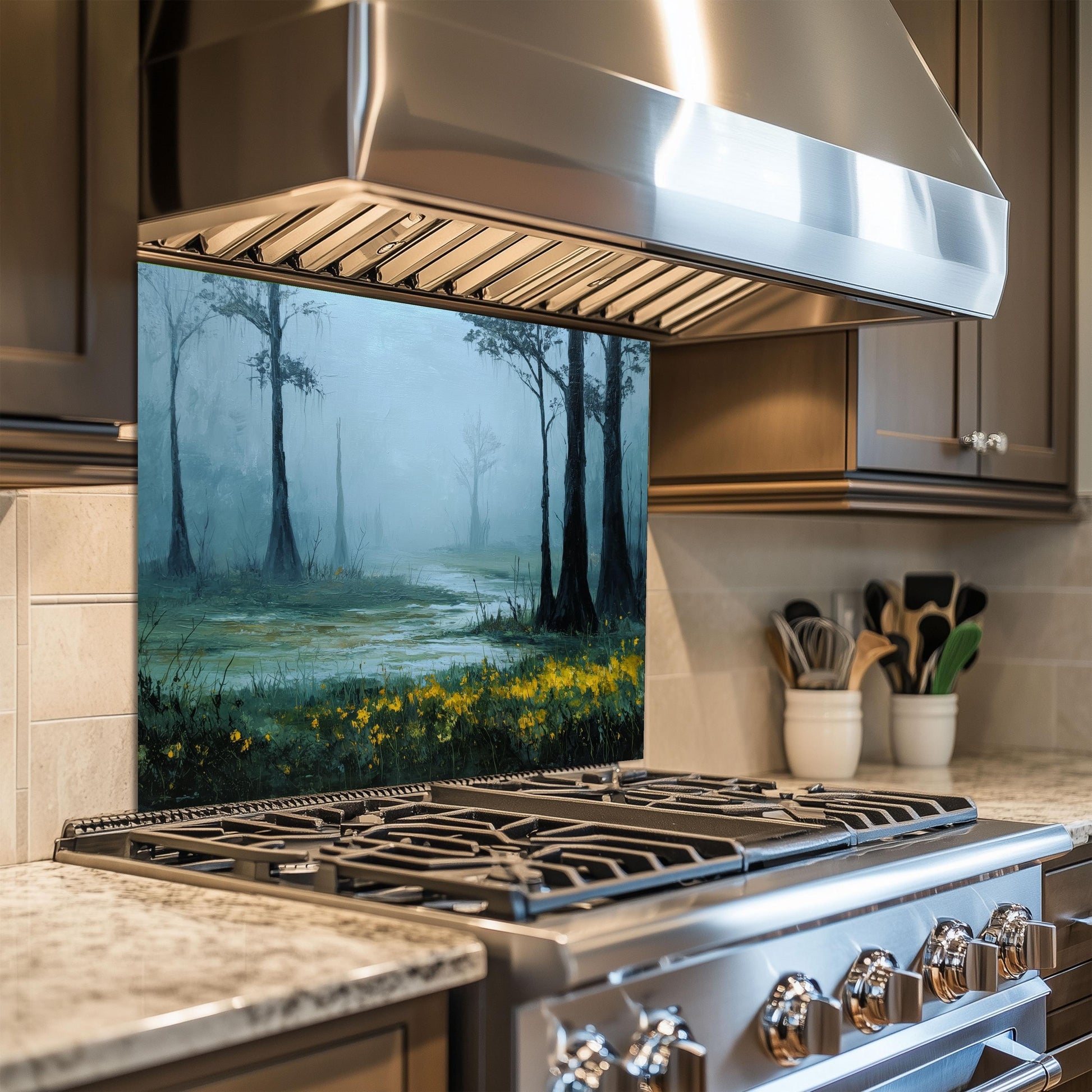 Foggy Meadow Swamp Tempered Glass Backsplash - Misty Wetland Kitchen Splashback with Yellow Flowers