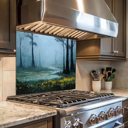 Foggy Meadow Swamp Tempered Glass Backsplash - Misty Wetland Kitchen Splashback with Yellow Flowers